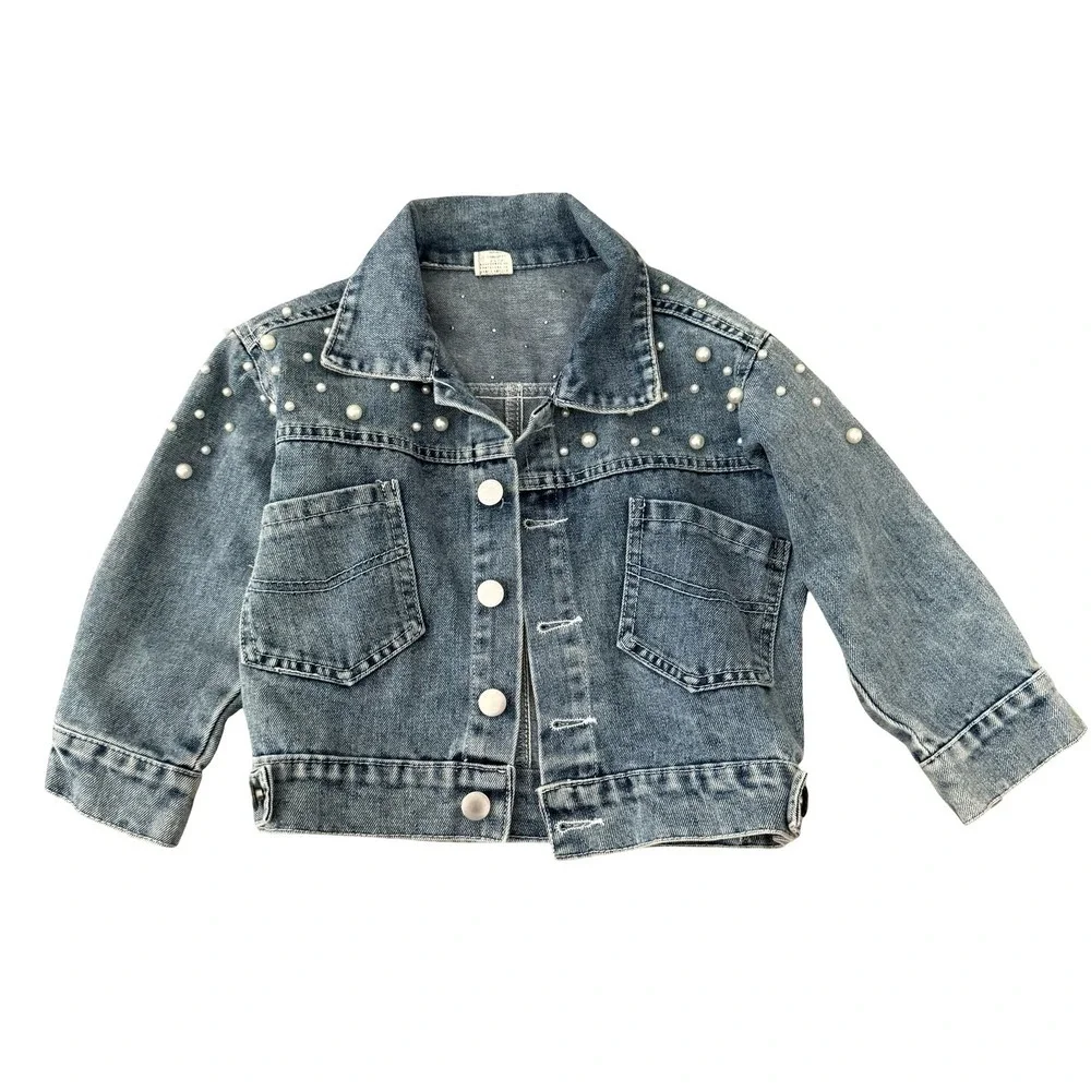 Denim Jacket Blue Pearl Star Embellished Kids Size 100 - Picture 1 of 7